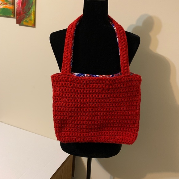 Shoulder Bag Red,White,Blue Mix, Shoulder Bag, handmade, crocheted - Picture 8 of 16